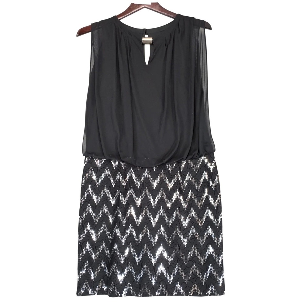 Perceptions Black Sequin Blouson Drop Waist Dress Sz 8 Sheer Overlay Knee-Length